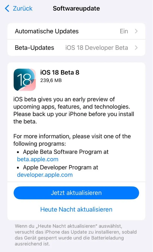 理塘苹果手机维修分享苹果 iOS / iPadOS 18 开发者预览版 Beta 8 发布 